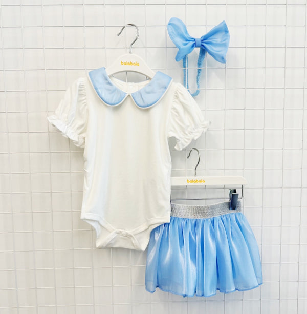 Balabala BABY GIRL'S Short Sleeve Suit SET (2PCS) ROMPER & SKIRT (Blue Hue)